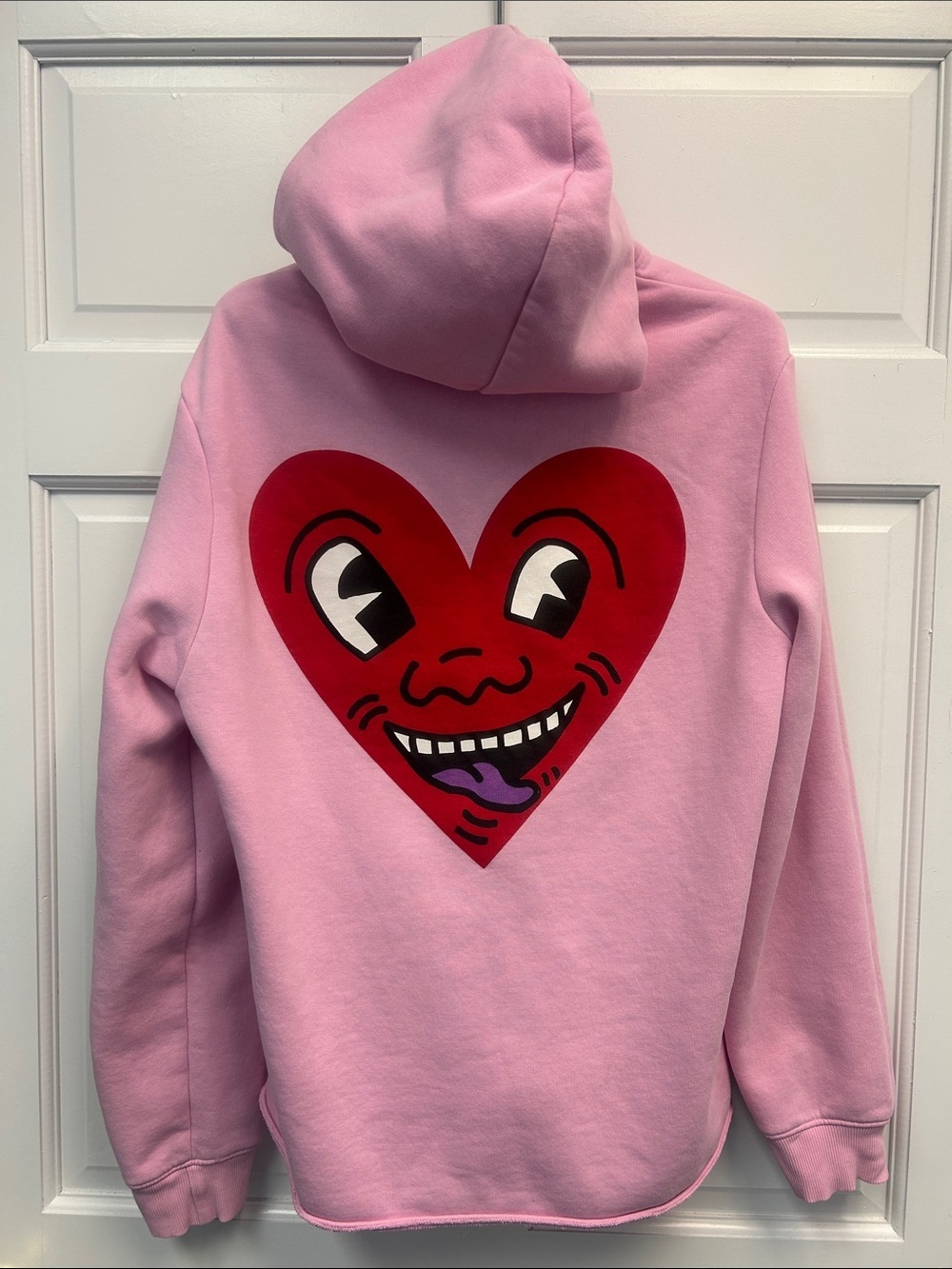 H&M x Keith Haring Heart Hoodie Pullover Sweatshirt Women's M Light Pink Pocket